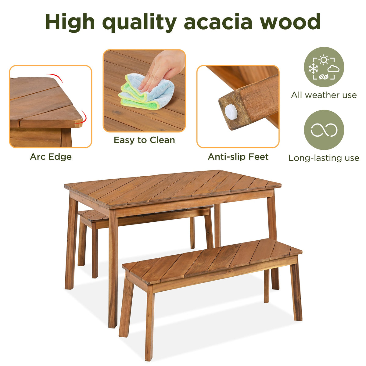 Go 3-Piece Acacia Wood Table Bench Dining Set