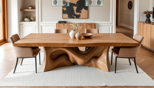 Sculpted European Oak Dining Tables: Bouclé-Textured Surfaces with Full-Grain Leather Accents for Contemporary Luxury Living
