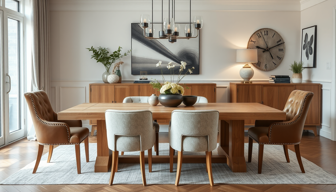 Timeless European Oak Dining Tables: Bouclé Texture and Full-Grain Leather Accents for a Curated Modern Luxe Dining Room