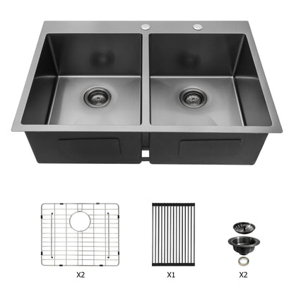 Double Bowl Drop In Kitchen Sink 33" X 22" With 16 Gauge Stainless Steel And 2 10" Deep Basins - Gunmetal Black