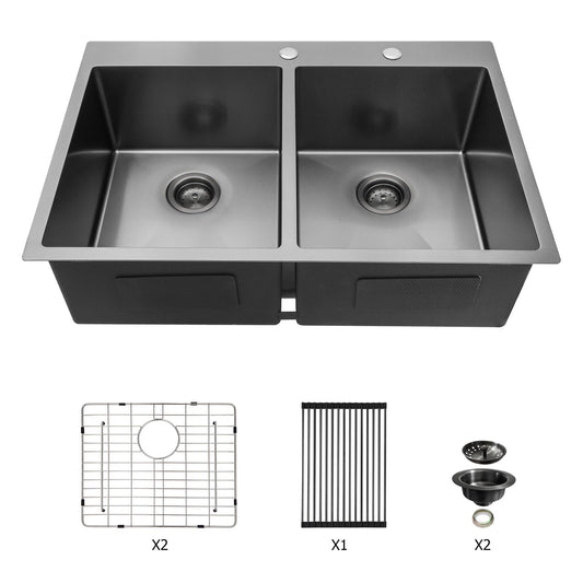 Double Bowl Drop In Kitchen Sink 33" X 22" With 16 Gauge Stainless Steel And 2 10" Deep Basins - Gunmetal Black