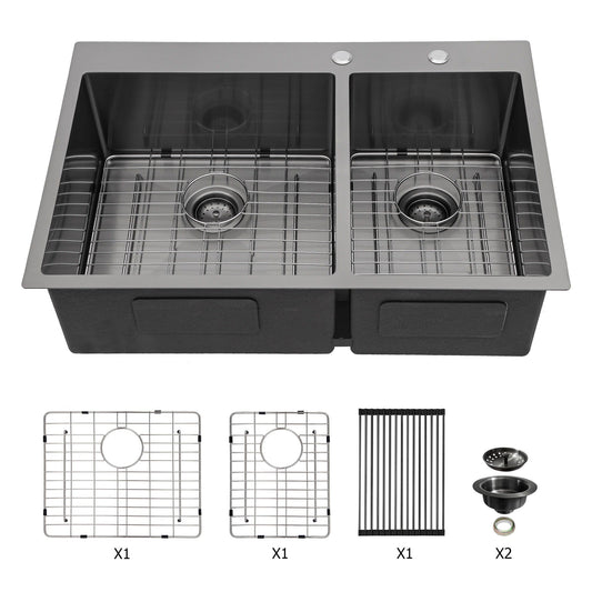 Double Bowl Kitchen Sink 16 Gauge 33" X 22" With 2 10" Deep Basins - Gunmetal Black