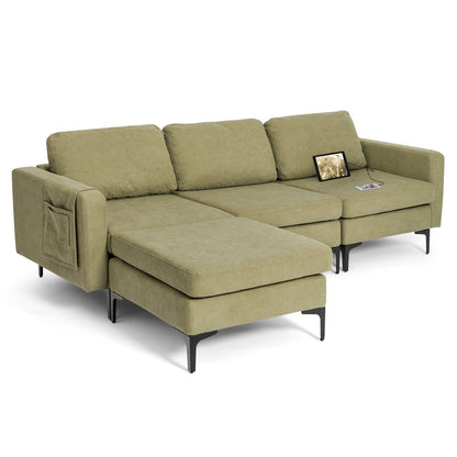 Modular 3-Seat L-shaped Sectional Sofa with Reversible Chaise and 2 USB Ports-Green