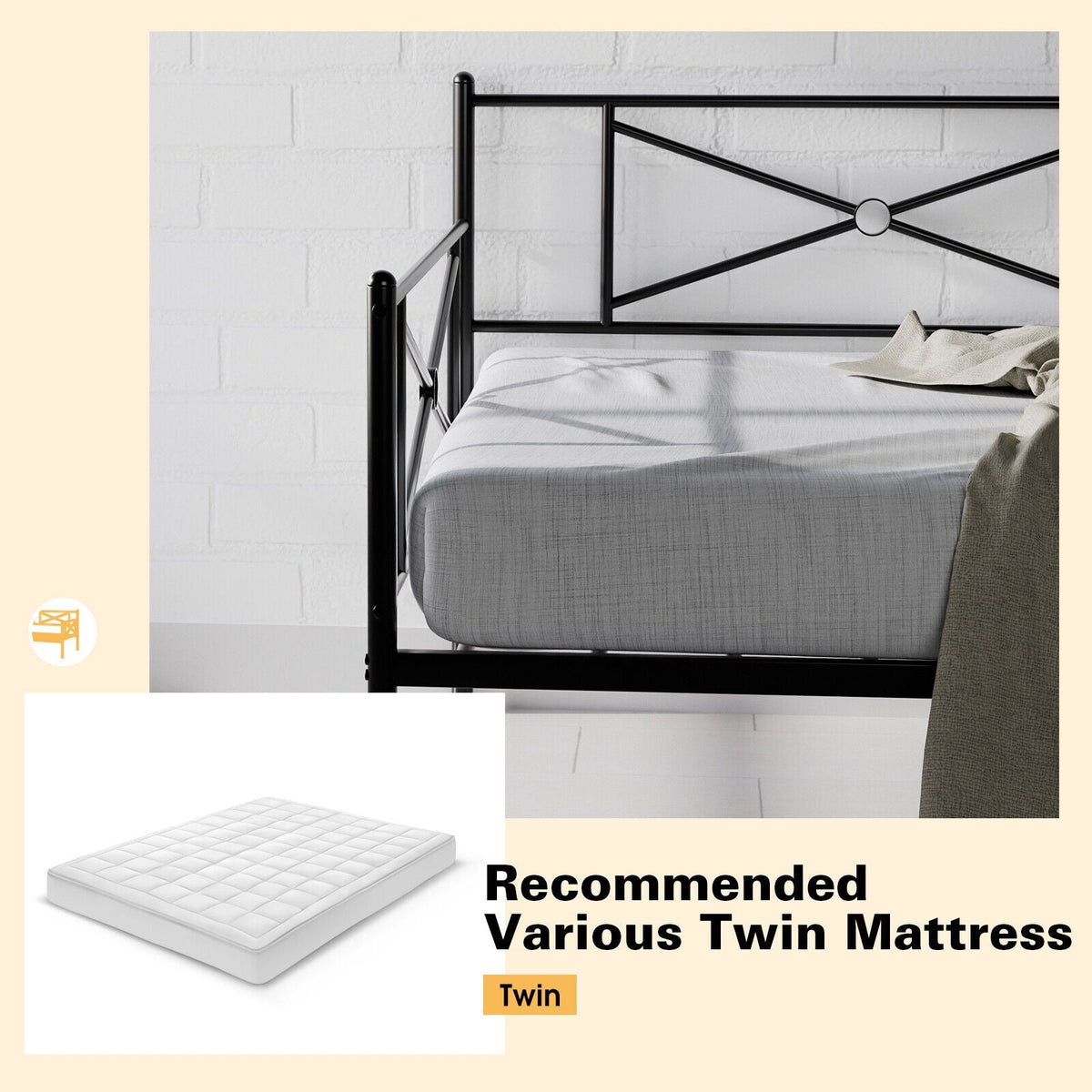Metal Daybed Twin Bed Frame Stable Steel Slats Sofa Bed