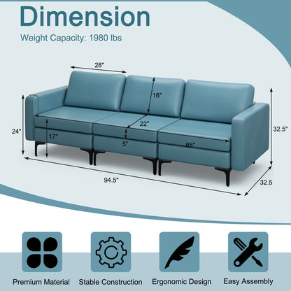 3-Seat Sectional Sofa Couch with Armrest Magazine Pocket and Metal Leg