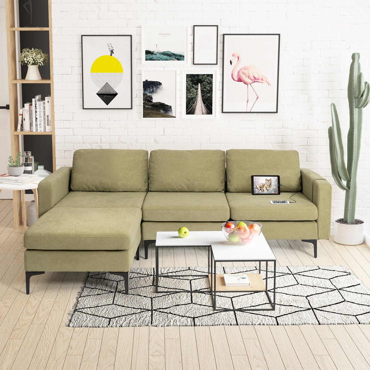 Modular 3-Seat L-shaped Sectional Sofa with Reversible Chaise and 2 USB Ports-Green