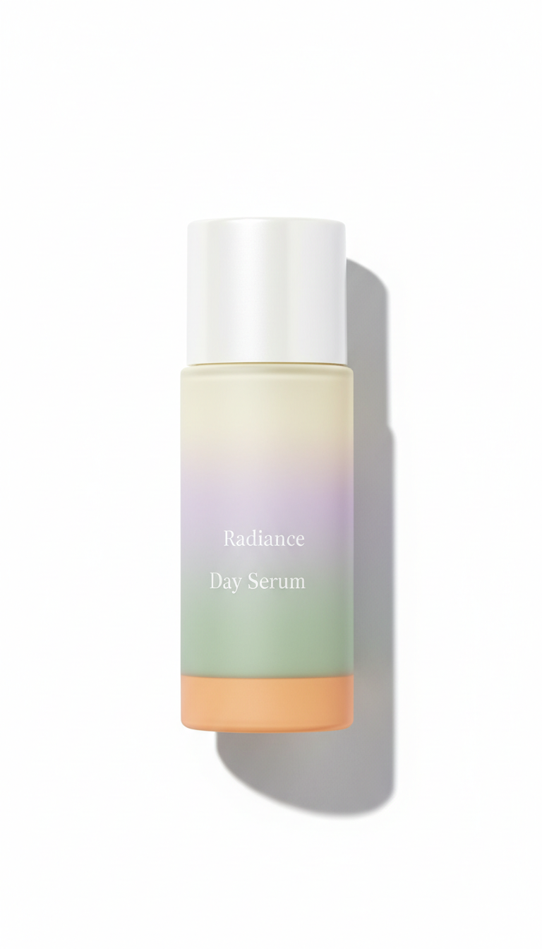 Radiance Day Serum, Primary angle: straight-on or slight three-quarter to hero the product silhouette and gradient...