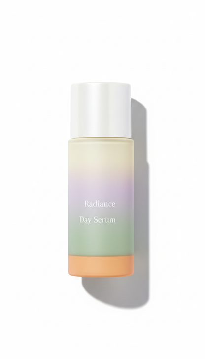 Radiance Day Serum, Primary angle: straight-on or slight three-quarter to hero the product silhouette and gradient...