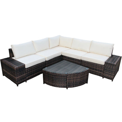 6 Piece Wicker Patio Sectional Sofa Set with Tempered Glass Coffee Table