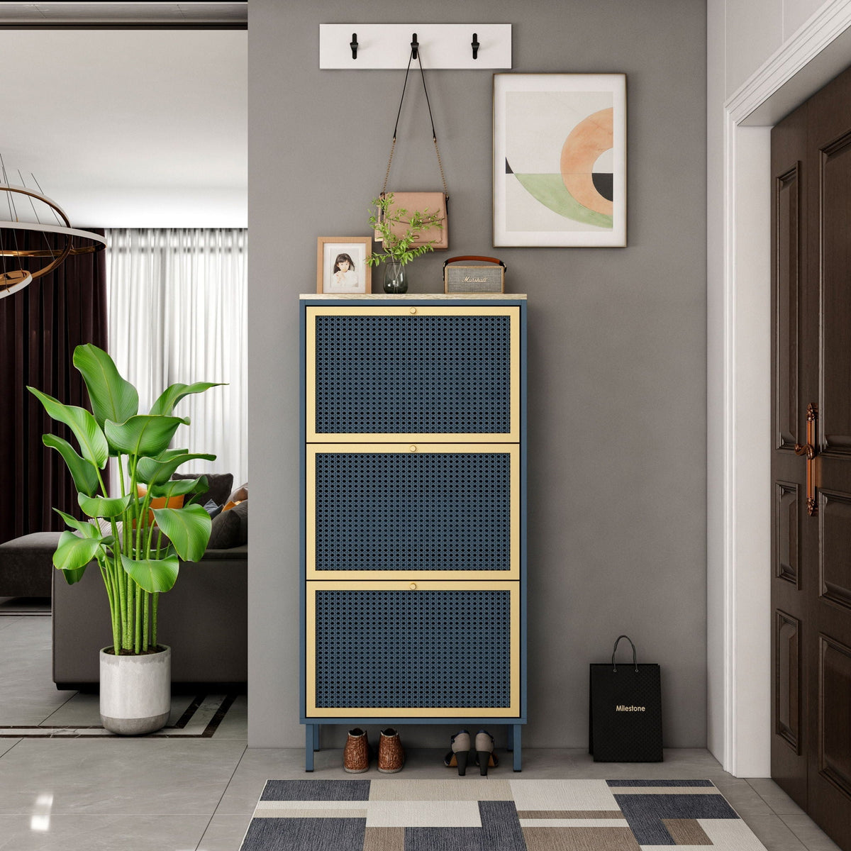 Modern Rattan 3 Door Shoe Rack Cabinet for Entryway