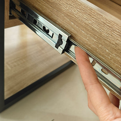 1 Piece Modern End Table with Drawer - Natural Wood & Tempered Glass