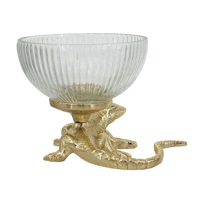 5x5x4.5' Gold Lizard Pedestal Bowl with Ribbed Glass Dish