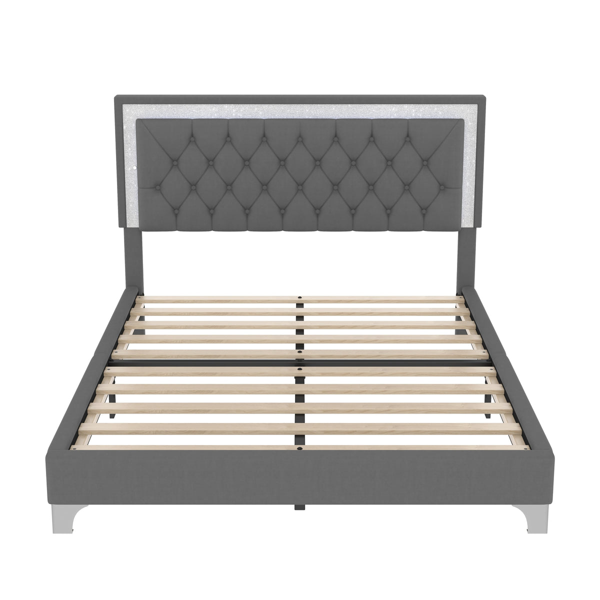 3-Pieces Bedroom Set, Queen Size Upholstered Platform Bed with LED Lights and Two Nightstands - Gray