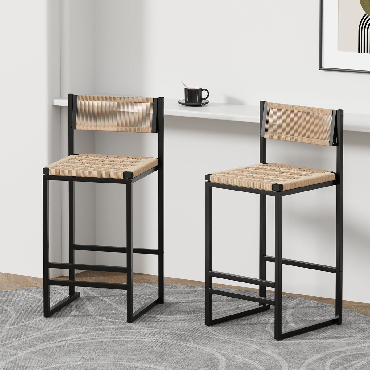 Kitchen Bar Stools with Footrest Set of 2 Paper Rope Weave Dining Chairs