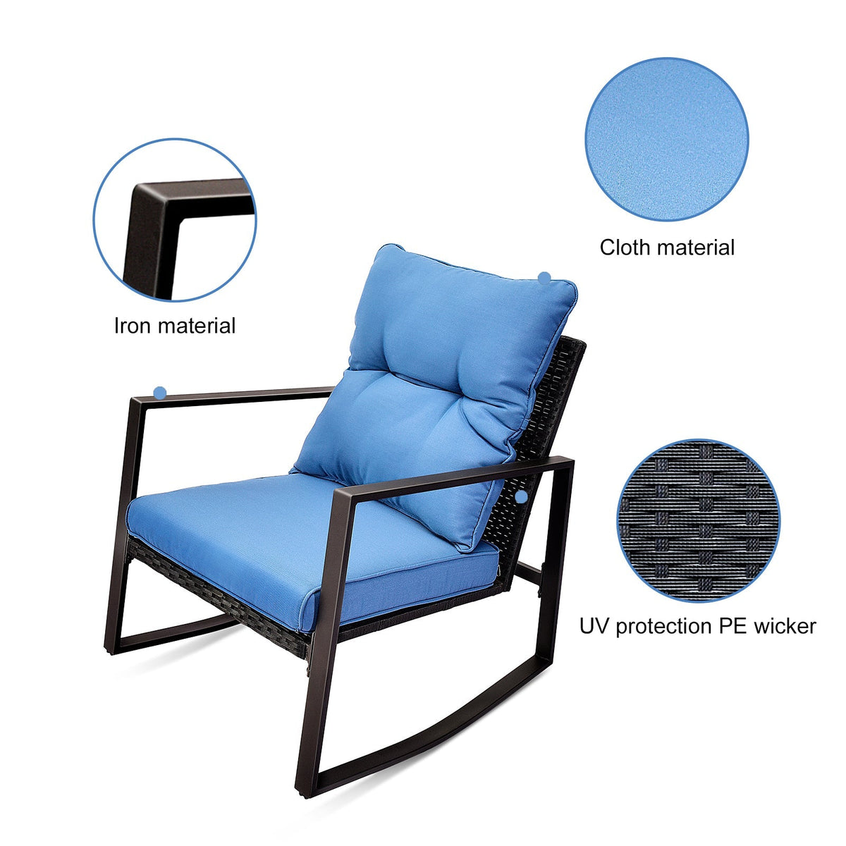 3 Pieces Patio Bistro Set Outdoor Rocking Chair with Blue Cushion for Yard Garden Poolside