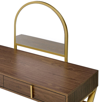 Coleen Walnut & Gold Finish Vanity Desk with Mirror & Jewelry Tray
