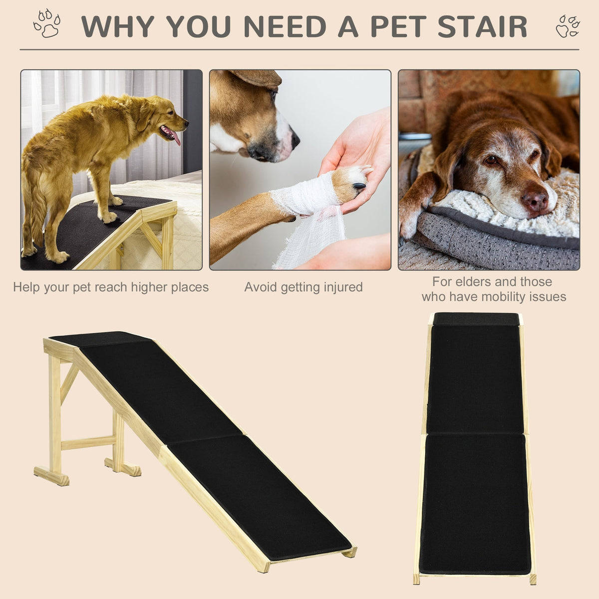 PawHut Dog Ramp for Bed with Non-Slip Carpet