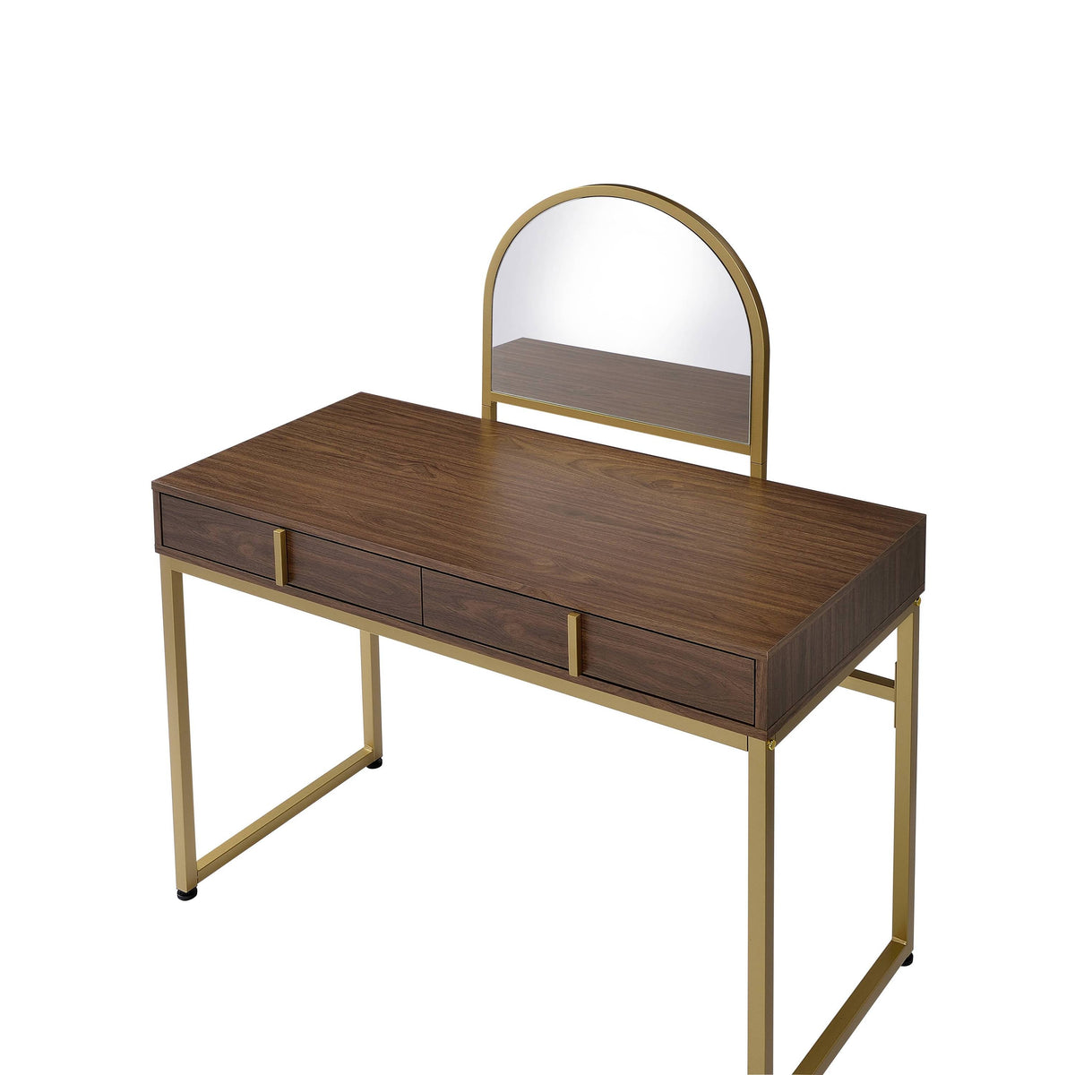 Coleen Walnut & Gold Finish Vanity Desk with Mirror & Jewelry Tray