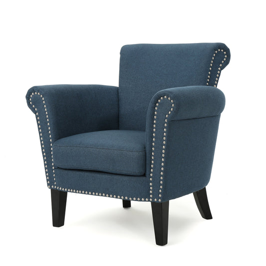 Elegant Navy Blue Fabric Club Chair with Nailhead Trim and Birch Wood Legs