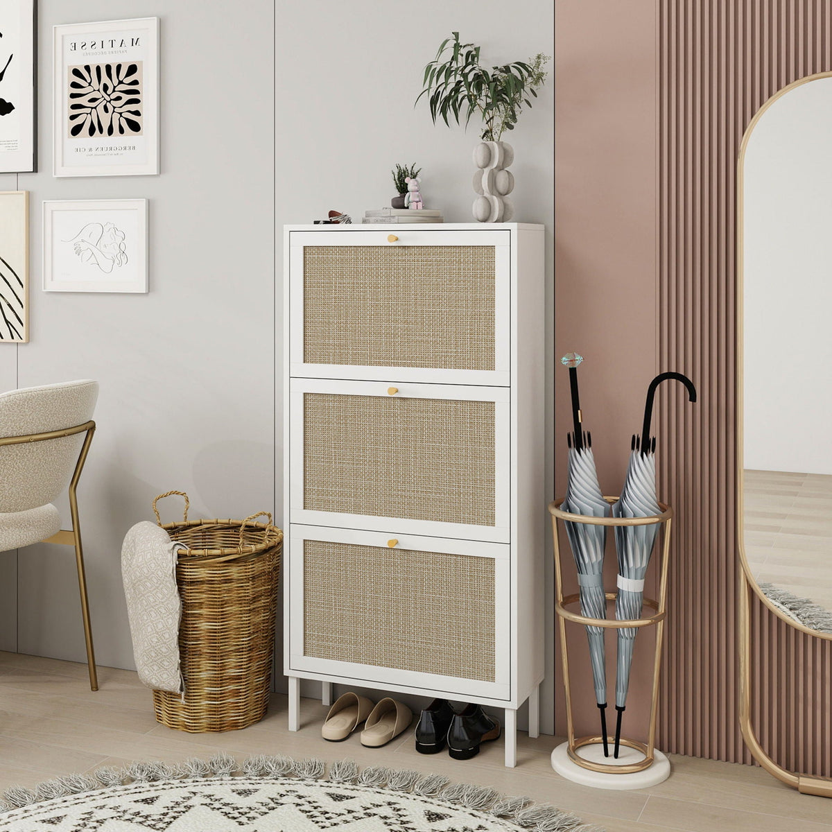 Modern Rattan 3 Door Shoe Rack Cabinet for Entryway