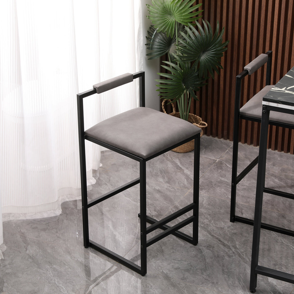 Set of 2 Counter Height Barstools Kitchen Island Stools (Gray with Back)