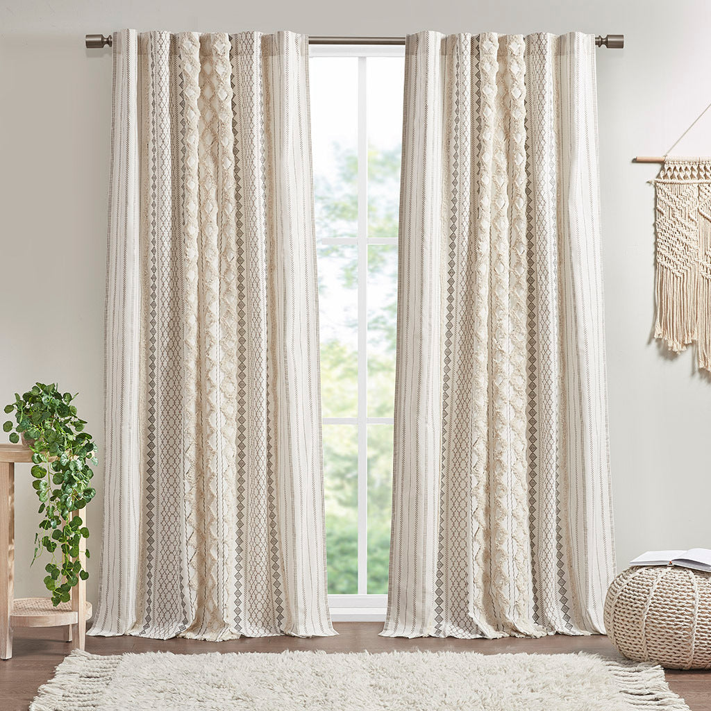 Cotton Printed Curtain Panel with Chenille Stripe and Lining Ivory 50x95