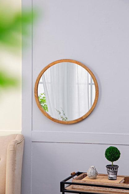 Circle Wall Mirror With Wooden Frame for Living Room