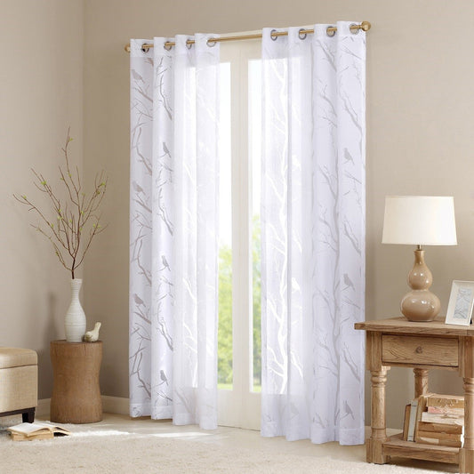 Grommet Top Sheer Bird on Branches Burnout Window Curtain Panel