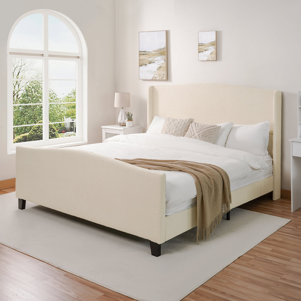 King Size Bed Frame with Upholstered Teddy Velvet Headboard