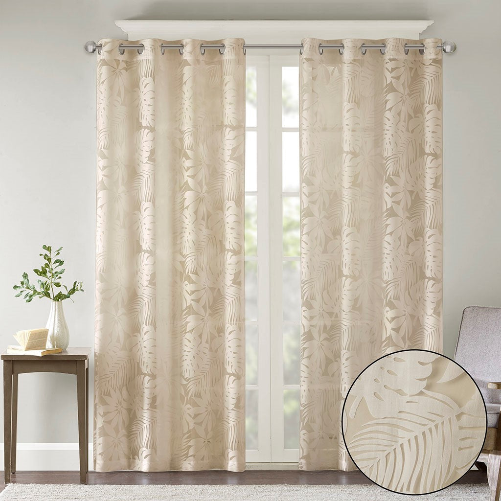 Palm Leaf Burnout Sheer Window Curtain 50x95 Natural