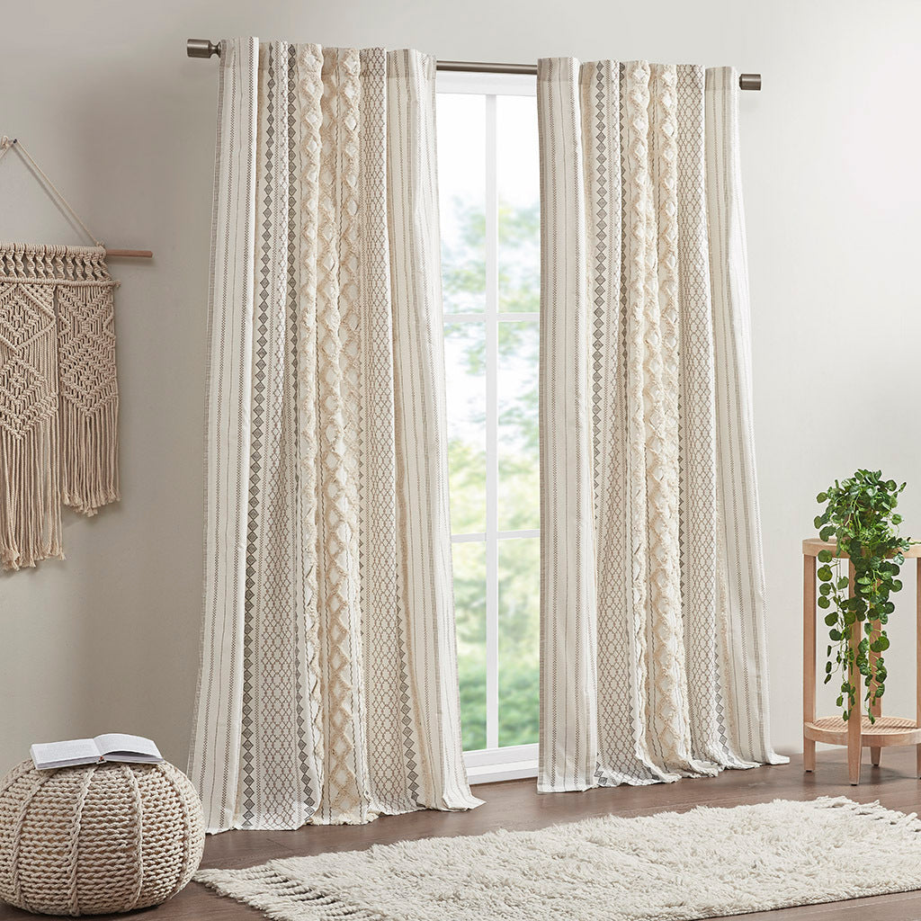 Cotton Printed Curtain Panel with Chenille Stripe and Lining Ivory 50x95