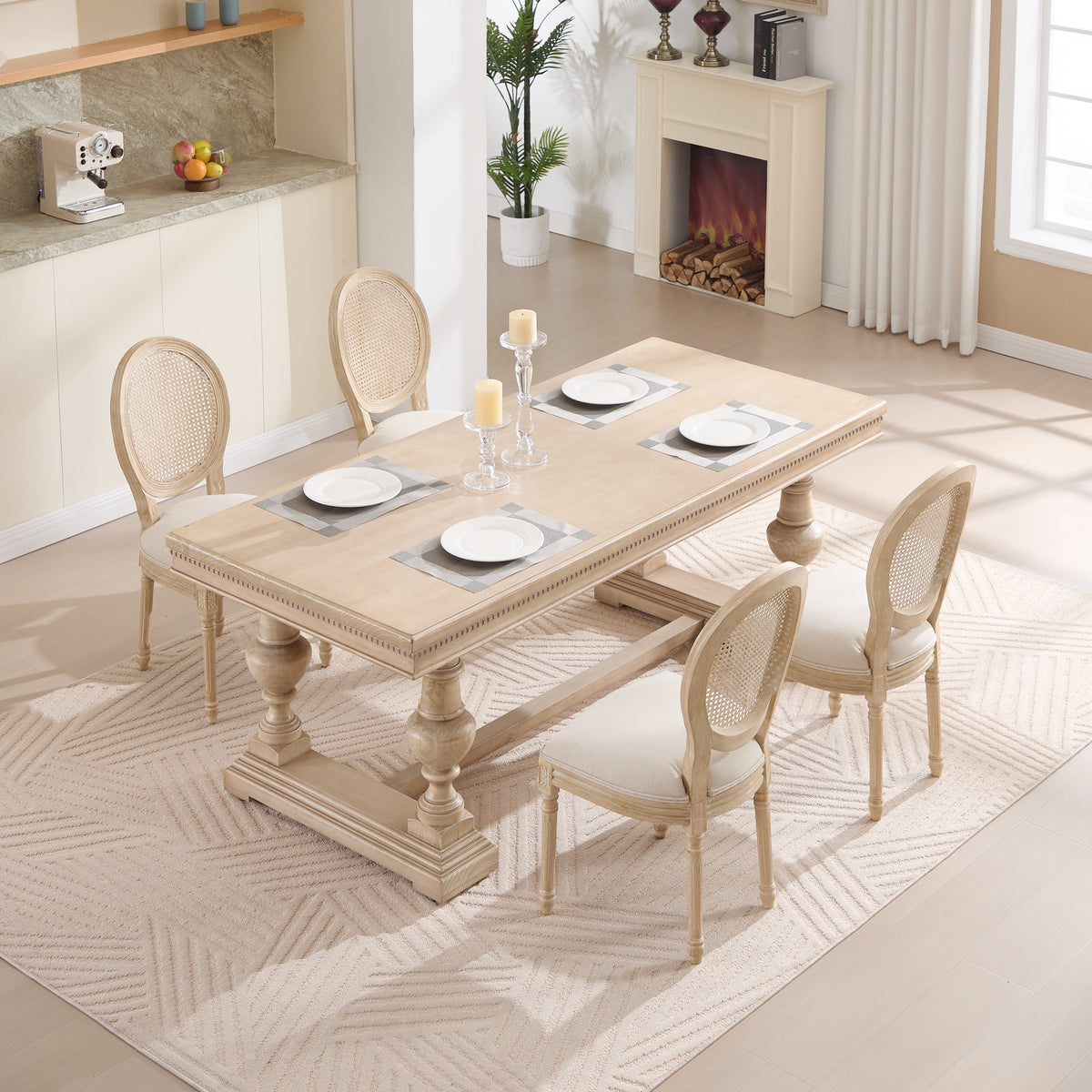 French Country Dining Chairs Set of 2 Upholstered with Rattan Back