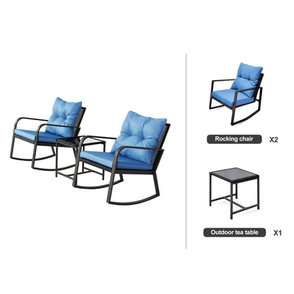 3 Pieces Patio Bistro Set Outdoor Rocking Chair with Blue Cushion for Yard Garden Poolside