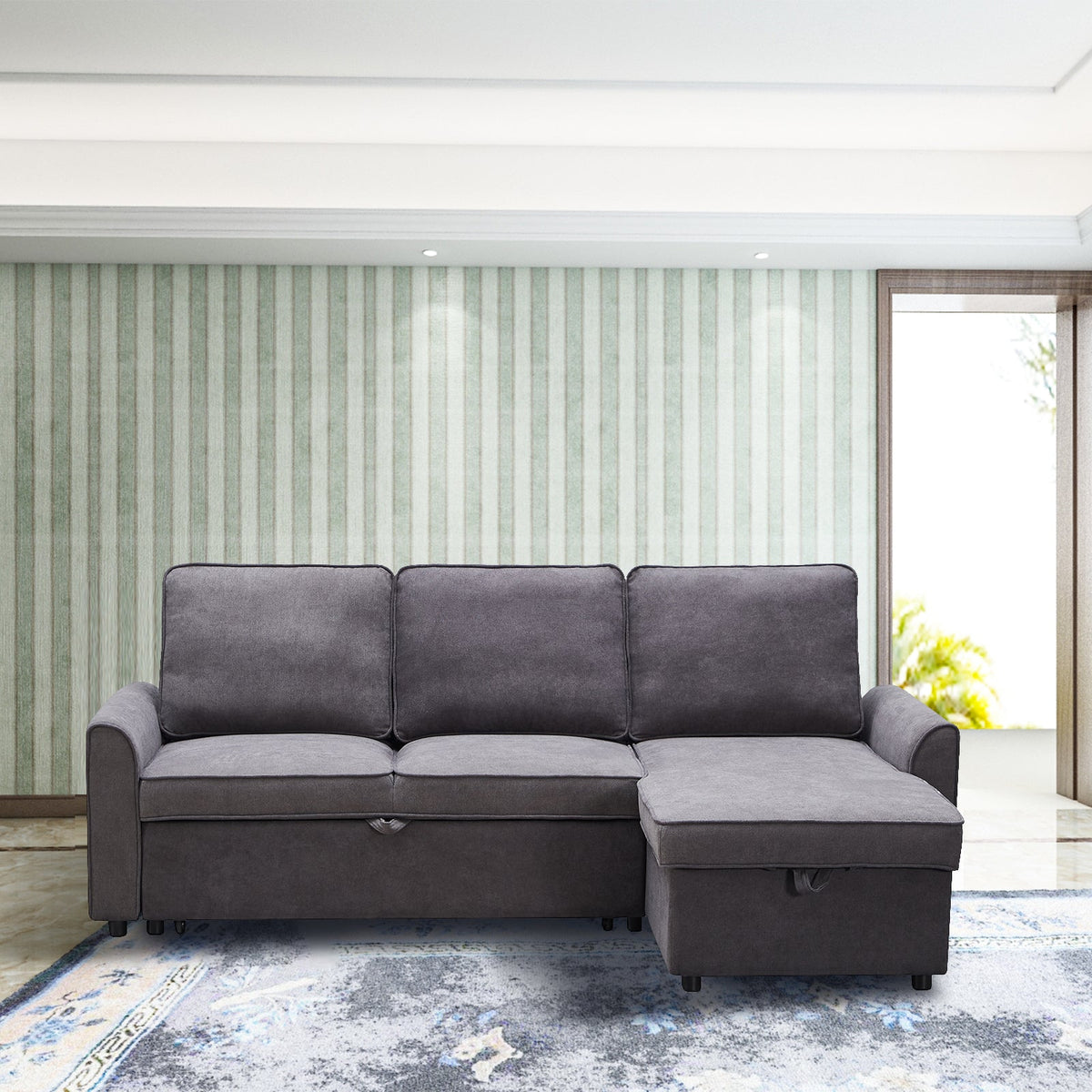 Modern Modular L-Shaped Sofa Bed with Chaise Dark Grey Linen