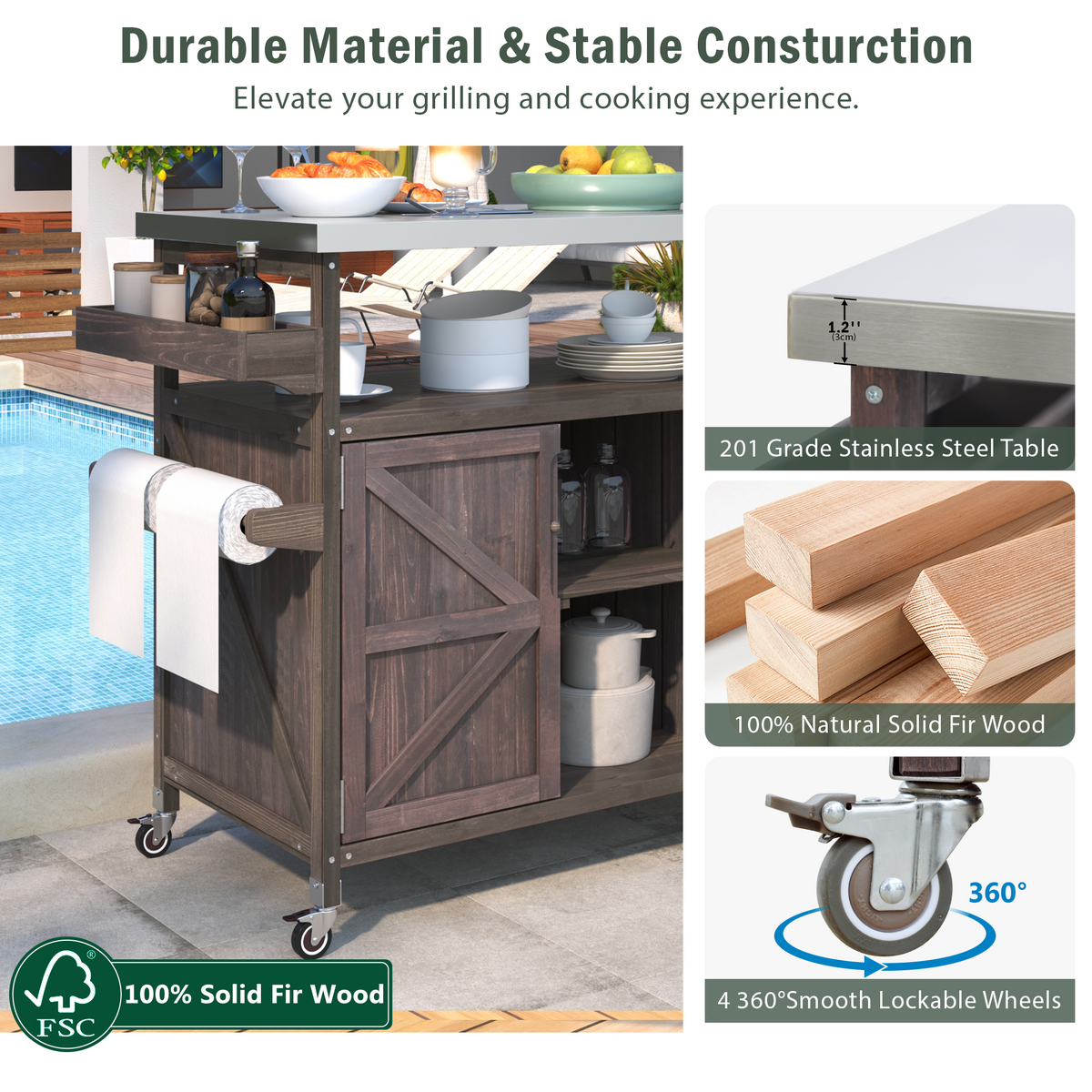 K&K Outdoor Kitchen Island, Rolling Bar Cart & Storage Cabinet