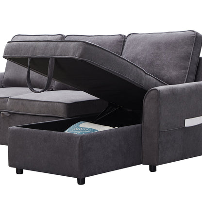 Modern Modular L-Shaped Sofa Bed with Chaise Dark Grey Linen