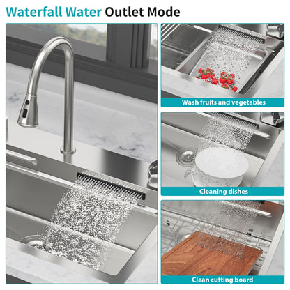 Drop In Waterfall Kitchen Sink With Pull-Out Faucet & Cup Washer