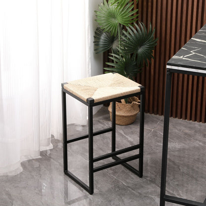 Boho Style Backless Bar Stools (Set of 2) With Paper Rope Woven Seat & Metal Frame For Kitchen Counter