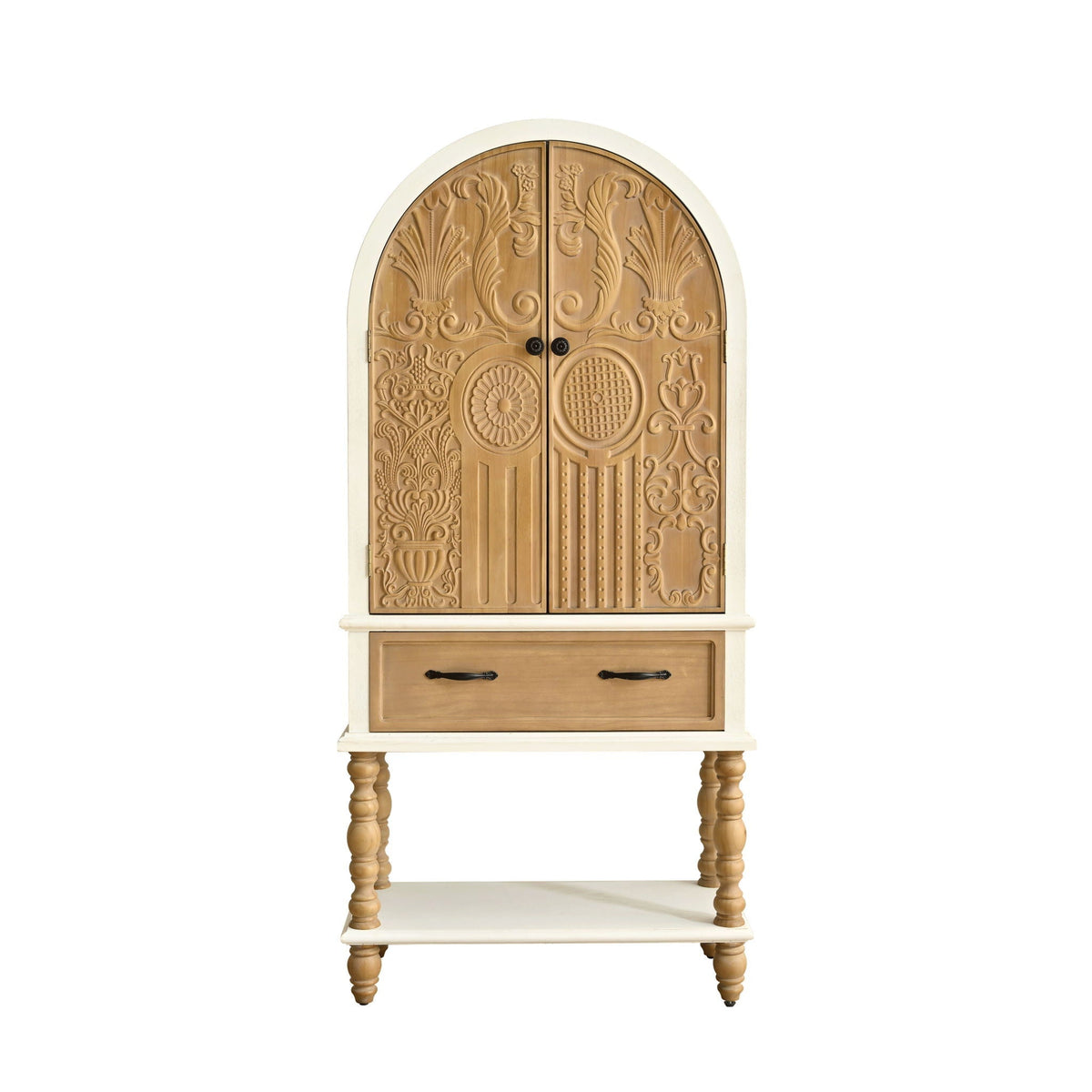 Arched Flower Carved Door Accent Sideboard Cabinet With 1 Drawer And Shelf, Cabinet For Kitchen - Natural / White