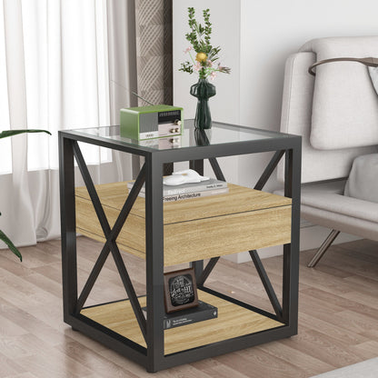 1 Piece Modern End Table with Drawer - Natural Wood & Tempered Glass
