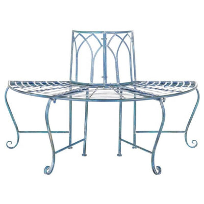 Half-Circle Outdoor Patio Garden Antique Blue Wrought Iron Tree Bench