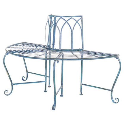 Half-Circle Outdoor Patio Garden Antique Blue Wrought Iron Tree Bench