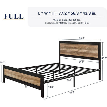 Full Industrial Metal Wood Rivet Platform Bed Frame w/ Headboard and Footboard