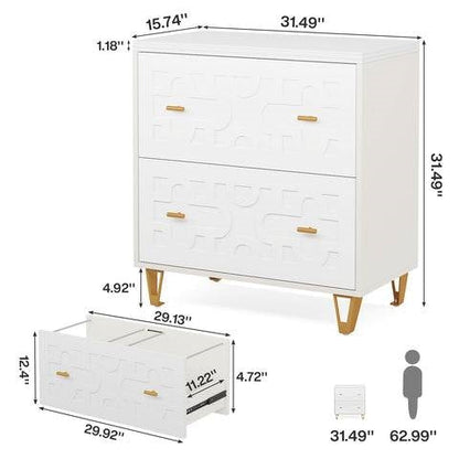 Retro White/Gold Geometric Scroll 2 Drawer Filing Cabinet Printer Stand