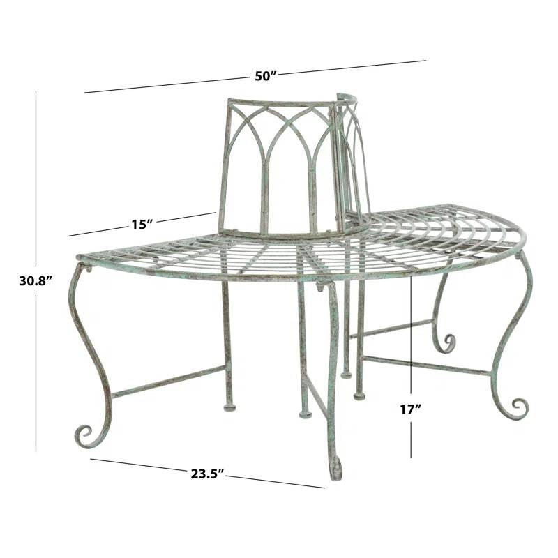 Half-Circle Outdoor Patio Garden Wrought Iron Tree Bench in Antique Green