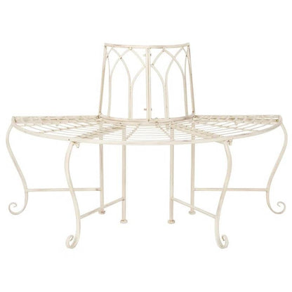 Half-Circle Outdoor Patio Garden Antique White Wrought Iron Tree Bench