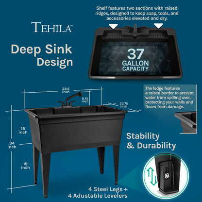 Tehila Freestanding Double-Wide Black Utility Sink with Steel Legs & Black Pull-Out Faucet, Multi-Purpose Heavy-Duty Laundry Tub and Kitchen Sink for Homes & Business
