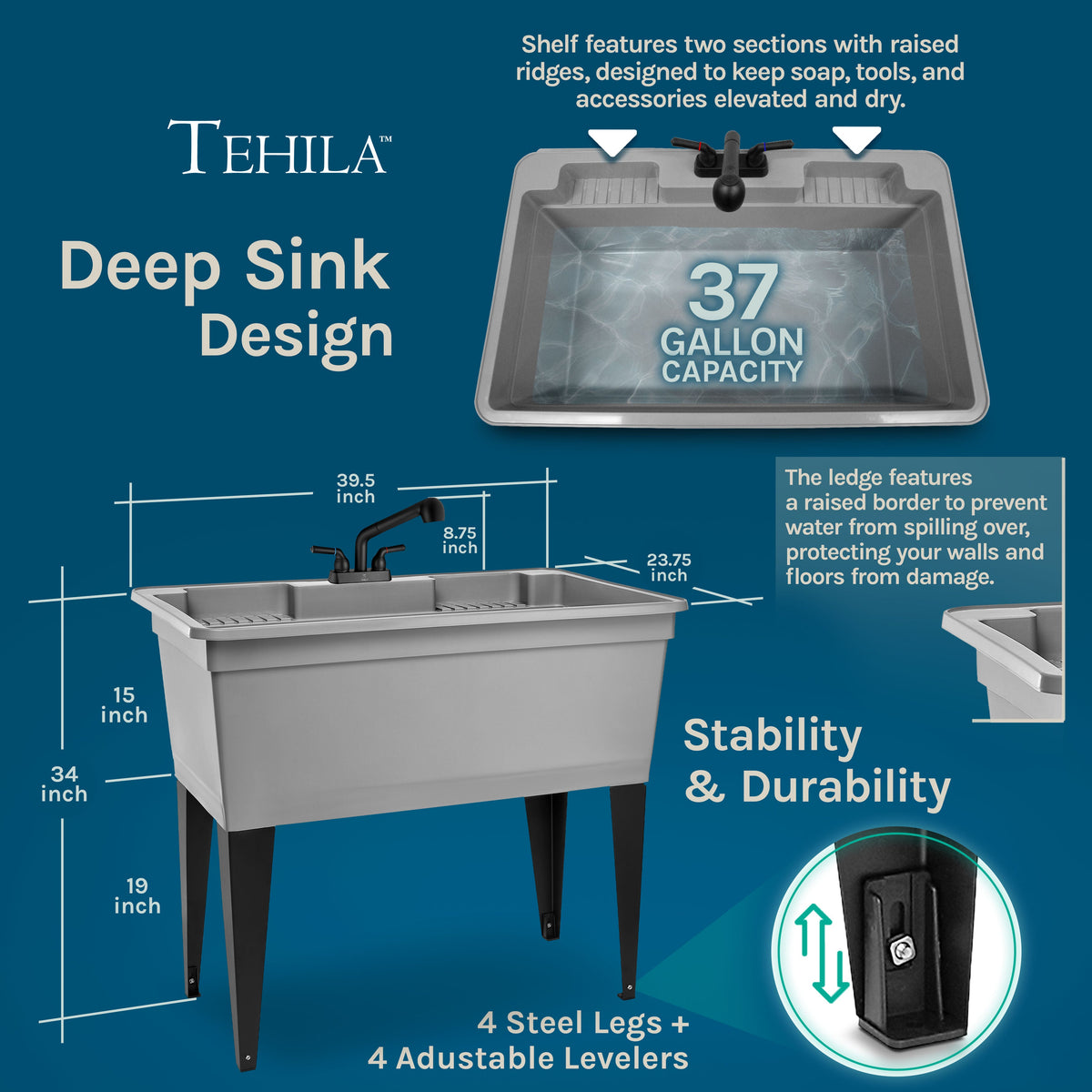 Tehila Freestanding Double-Wide Grey Utility Sink with Steel Legs & Black Pull-Out Faucet, Multi-Purpose Heavy-Duty Laundry Tub and Kitchen Sink for Homes & Business