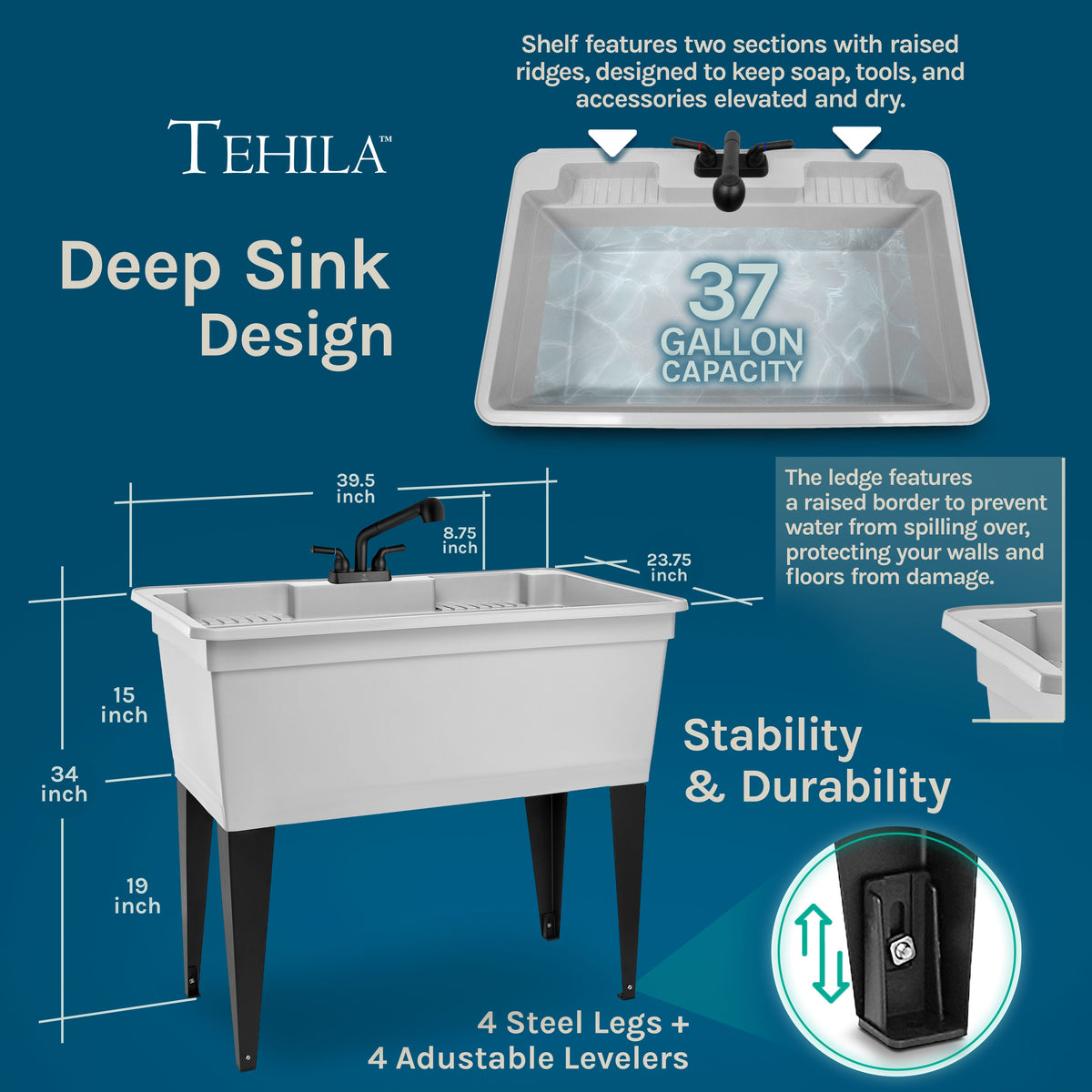 Tehila Freestanding Double-Wide White Utility Sink with Steel Legs & Black Pull-Out Faucet, Multi-Purpose Heavy-Duty Laundry Tub and Kitchen Sink for Homes & Business