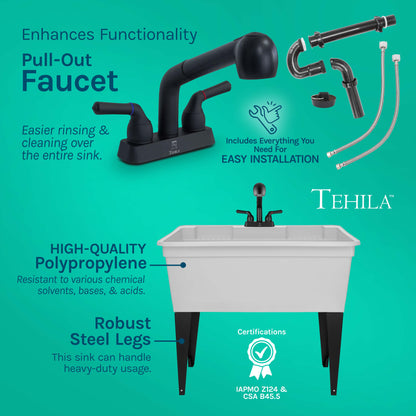 Tehila Freestanding Double-Wide White Utility Sink with Steel Legs & Black Pull-Out Faucet, Multi-Purpose Heavy-Duty Laundry Tub and Kitchen Sink for Homes & Business